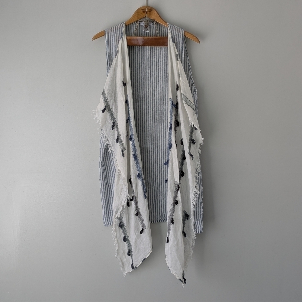 Anthropologie Blue & White Striped Linen Vest with Fringe Scarf